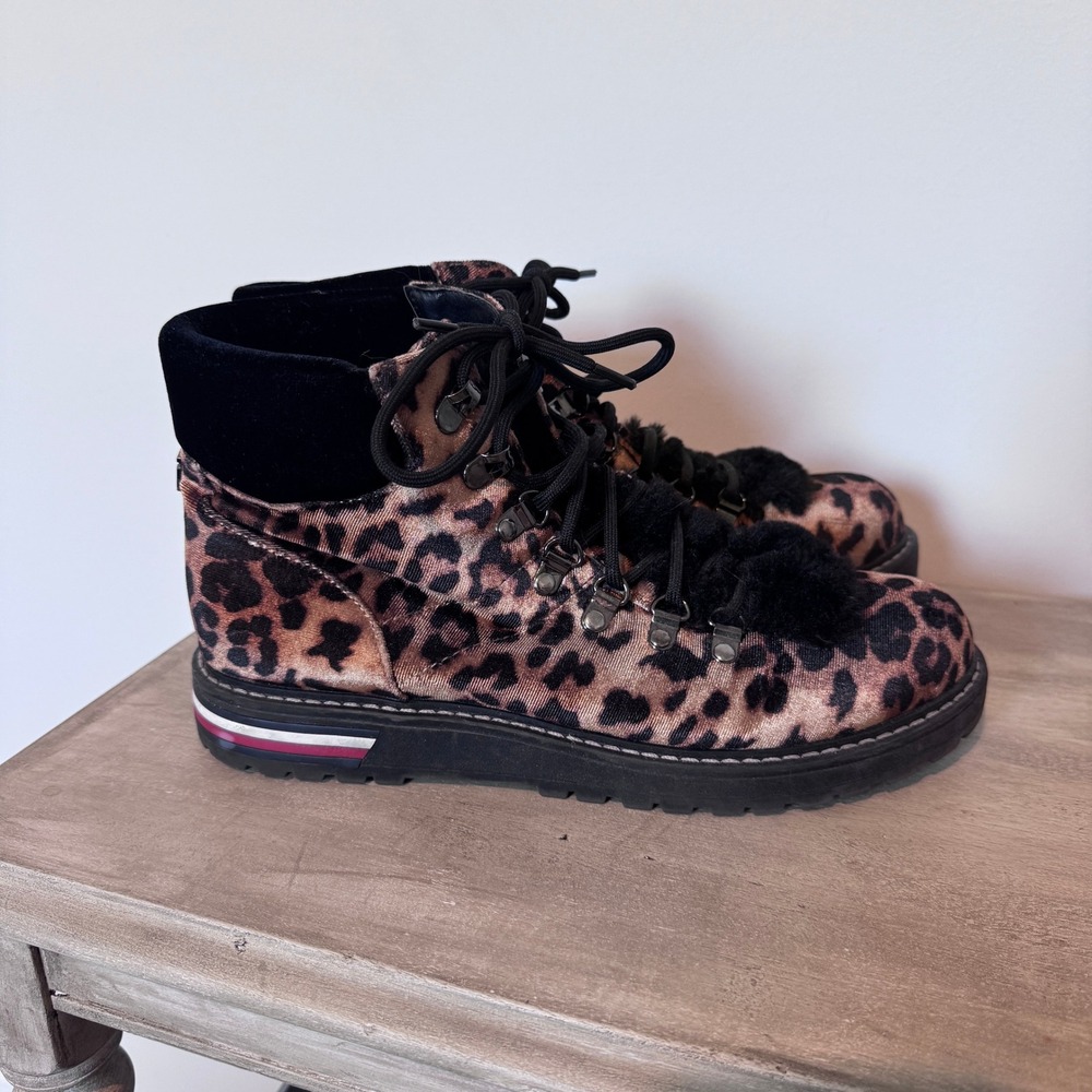 Tommy Hilfiger Womens Leopard Velvet Faux Fur Hiker Combat Boots Brown 9M